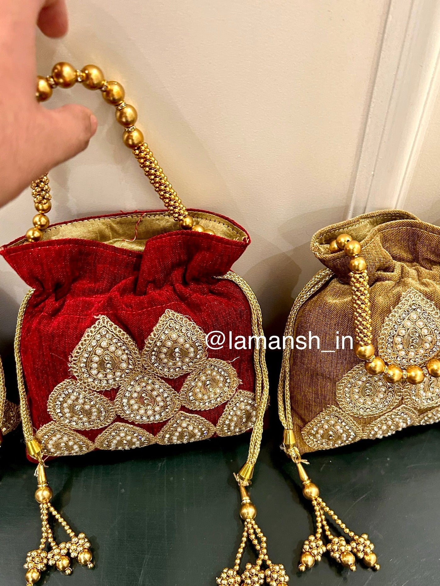 450 rs each on buying 10+ pcs / WhatsApp at 8619550223 to order 🔥 Women's Potli Bag 1 Heavy stone work designer velvet potli bags for wedding favours 🎁 and giveaways to bridesmaids in haldi Mehendi ceremony