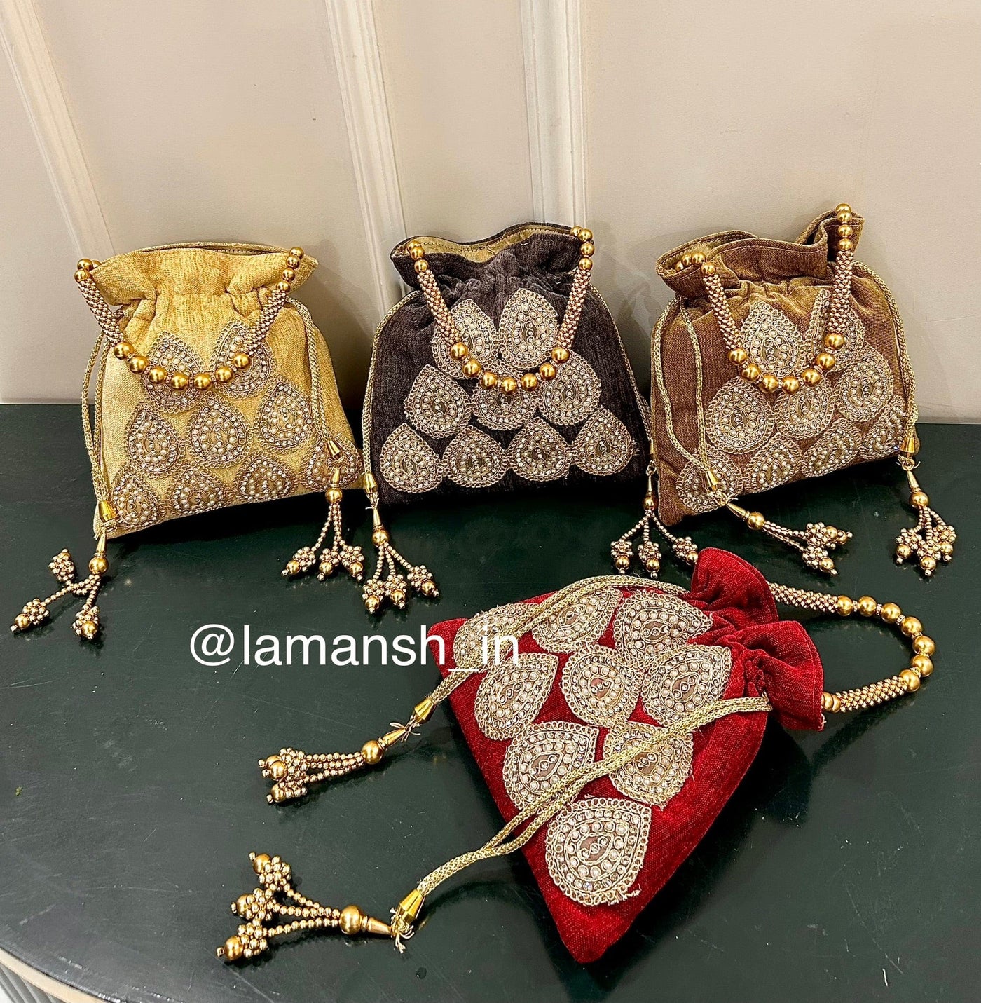 450 rs each on buying 10+ pcs / WhatsApp at 8619550223 to order 🔥 Women's Potli Bag 1 Heavy stone work designer velvet potli bags for wedding favours 🎁 and giveaways to bridesmaids in haldi Mehendi ceremony
