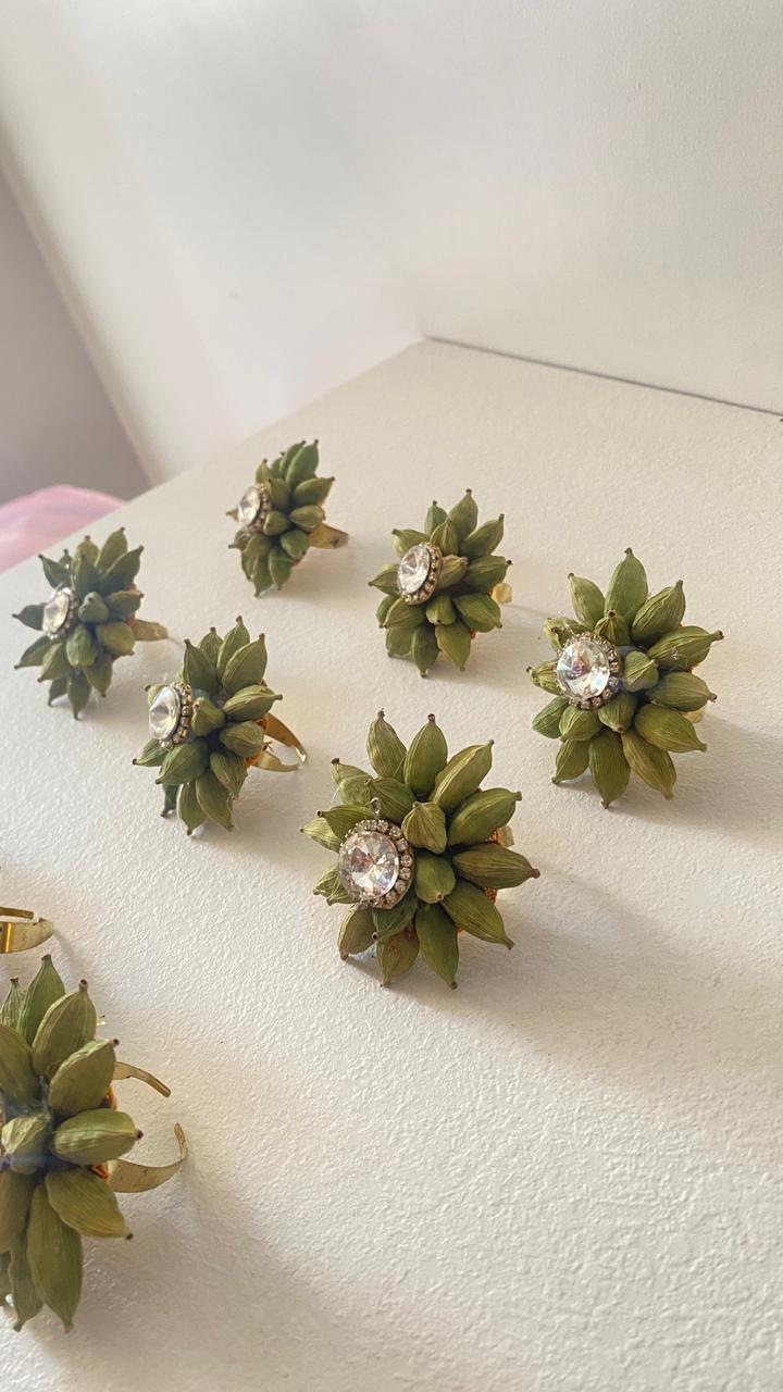 50 rs each on buying 50+ pcs / WhatsApp at 8619550223 to order 🔥 elaichi brooches 1 LAMANSH Real Elaichi Cardamom rings for Guests welcome in Wedding & other events / Elaichi rings for Jain Weddings & Milni functions for ladies