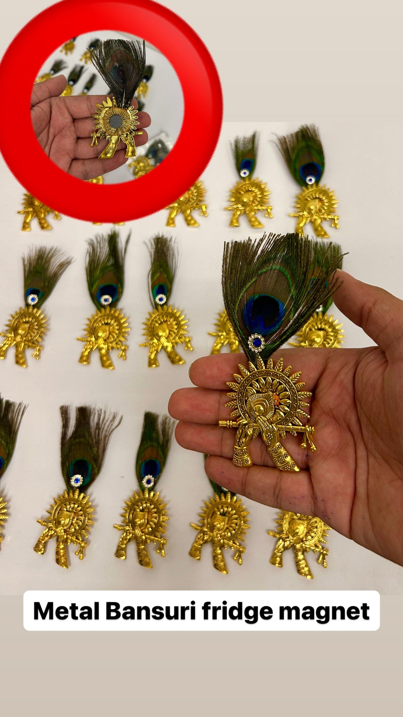 50 rs each on buying 50+ pcs / WhatsApp at 8619550223 to order 🔥 Fridge magnets Metal bansuri fridge magnet with mor pankh for wedding favours 🎁, festival giveaways