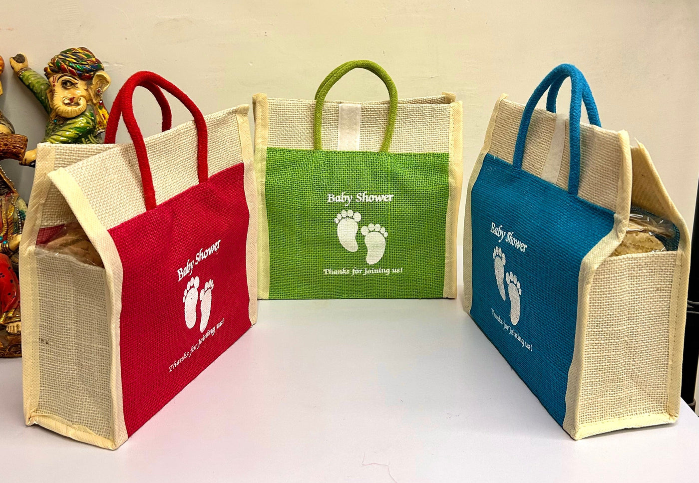 55 Rs each on buying 50+ pcs / WhatsApp at 8619550223 to order jute gift bags Baby shower 👩‍🍼 return gift print jute bags (10*9*4 inch)