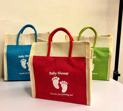 55 Rs each on buying 50+ pcs / WhatsApp at 8619550223 to order jute gift bags Baby shower 👩‍🍼 return gift print jute bags (10*9*4 inch)