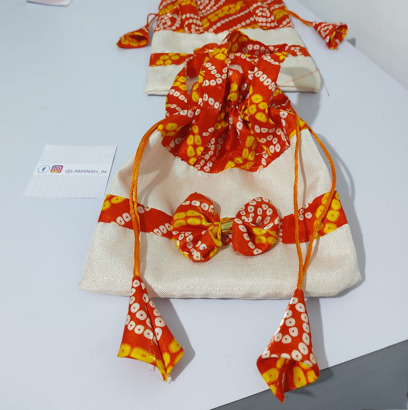 55 Rs ON BUYING 🏷100 PCS bulk potli LAMANSH® (9*11 inch) Designer Bandhej Fabric Potli Bags for Return Gifts 🎁 & Giveaways in Wedding & Pooja Ceremony's