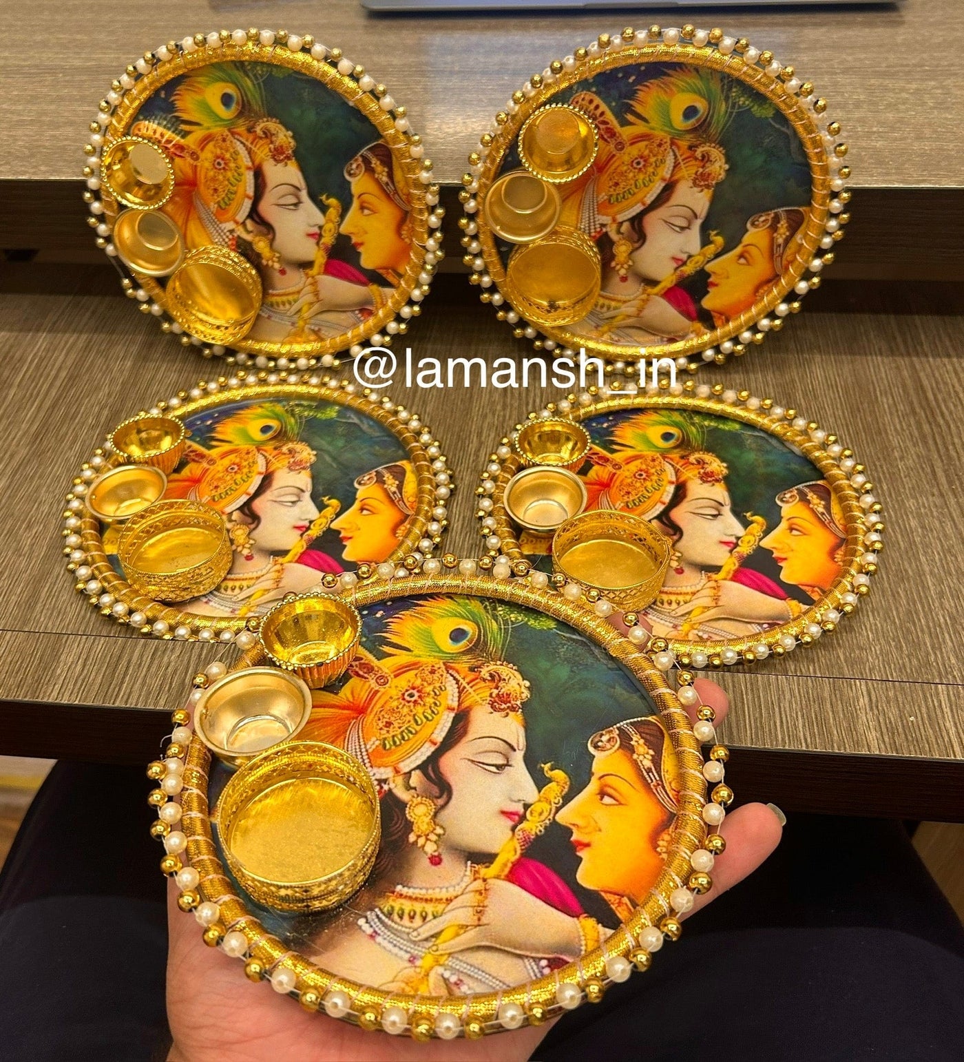 65 rs each on buying 50 pcs / WhatsApp at 8619550223 to order candle holder 1 combo Radha Krishna ji Mdf Gift platter Pooja thali Candle holder for wedding favours 🎁 and giveaways to guests in pooja ceremony, Navratri, Janmashtami
