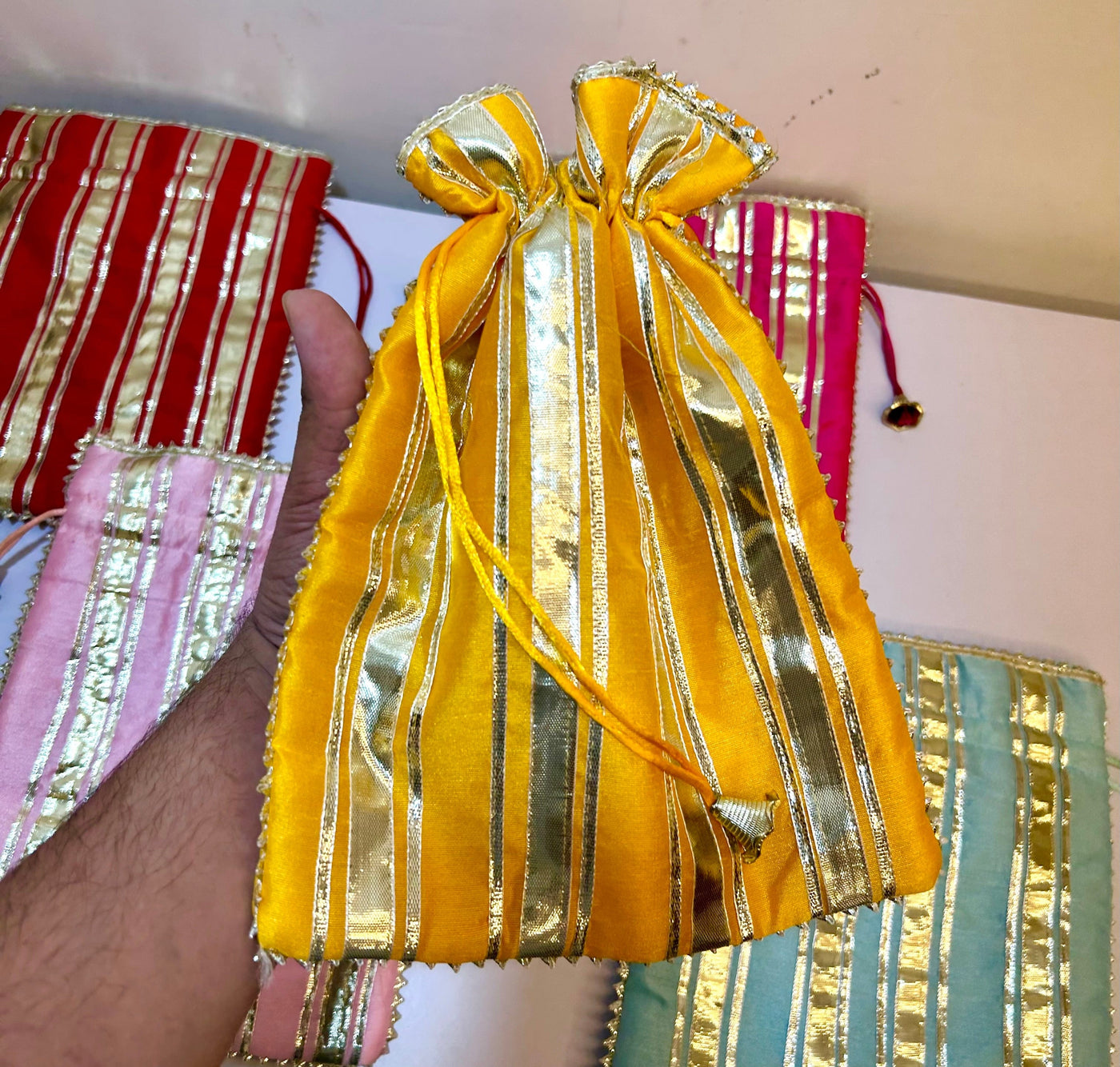 65 Rs each on buying 50+ pcs | WhatsApp at 8619550223 to order Women's Potli Bag LAMANSH 8*10 inch Designer Gota line Potli bags for dry fruits gift 🎁 packaging  / for wedding return gifts 🎁 and favours
