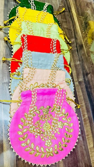 65 rs each on buying 50 pcs / WhatsApp at 8619550223 to order Women's Potli Bag LAMANSH gota embroidered potli bags for giveaways in weddings / favours 🎁 for bridesmaids in haldi Mehendi ceremony
