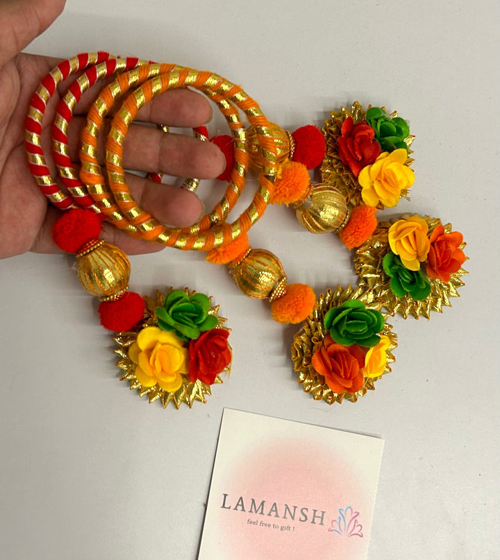 Gota bangles with flower latkan for haldi mehendi ceremony favours