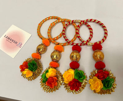 65 Rs pair on buying 50+ pairs / WhatsApp at 8619550223 to order 🏷️ Floral 🌺 Giveaways bangles Gota bangles with flower latkan for haldi mehendi ceremony favours