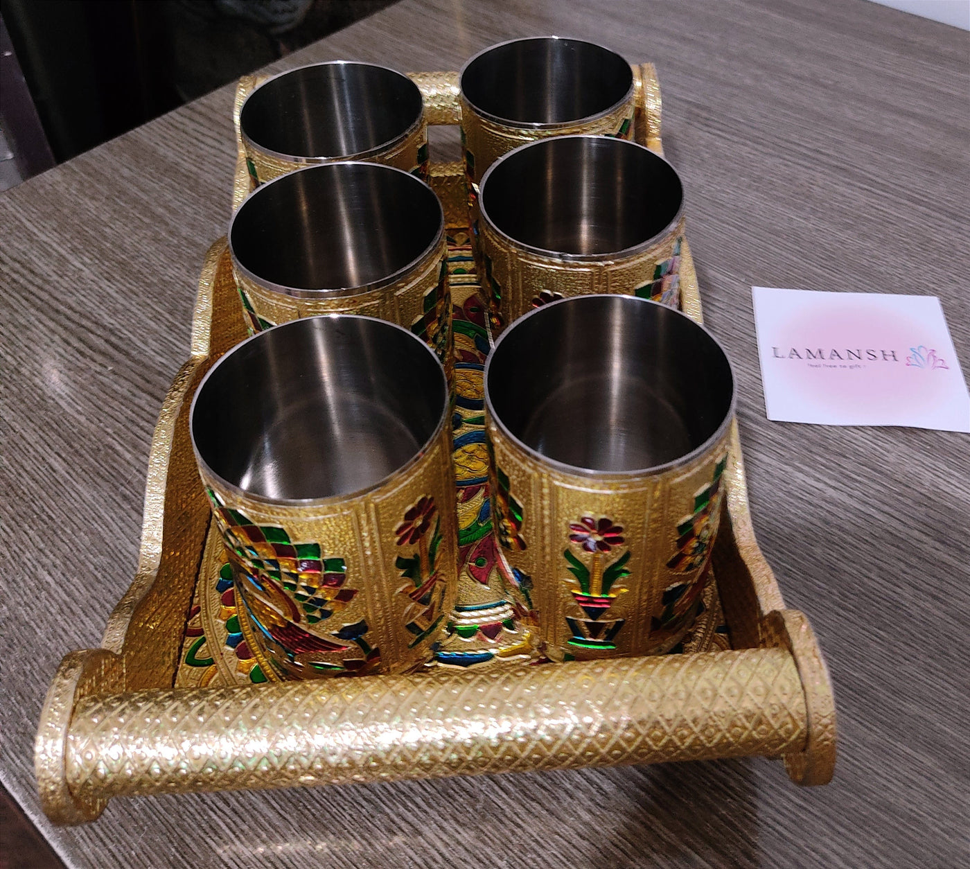 650 Rs each set on buying 🏷in bulk | Call 📞 at 8619550223 meenakari tray glass set LAMANSH® Meenakari Tray & Glasses set for Wedding Favors & Return Gifting 🎁