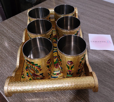 650 Rs each set on buying 🏷in bulk | Call 📞 at 8619550223 meenakari tray glass set LAMANSH® Meenakari Tray & Glasses set for Wedding Favors & Return Gifting 🎁