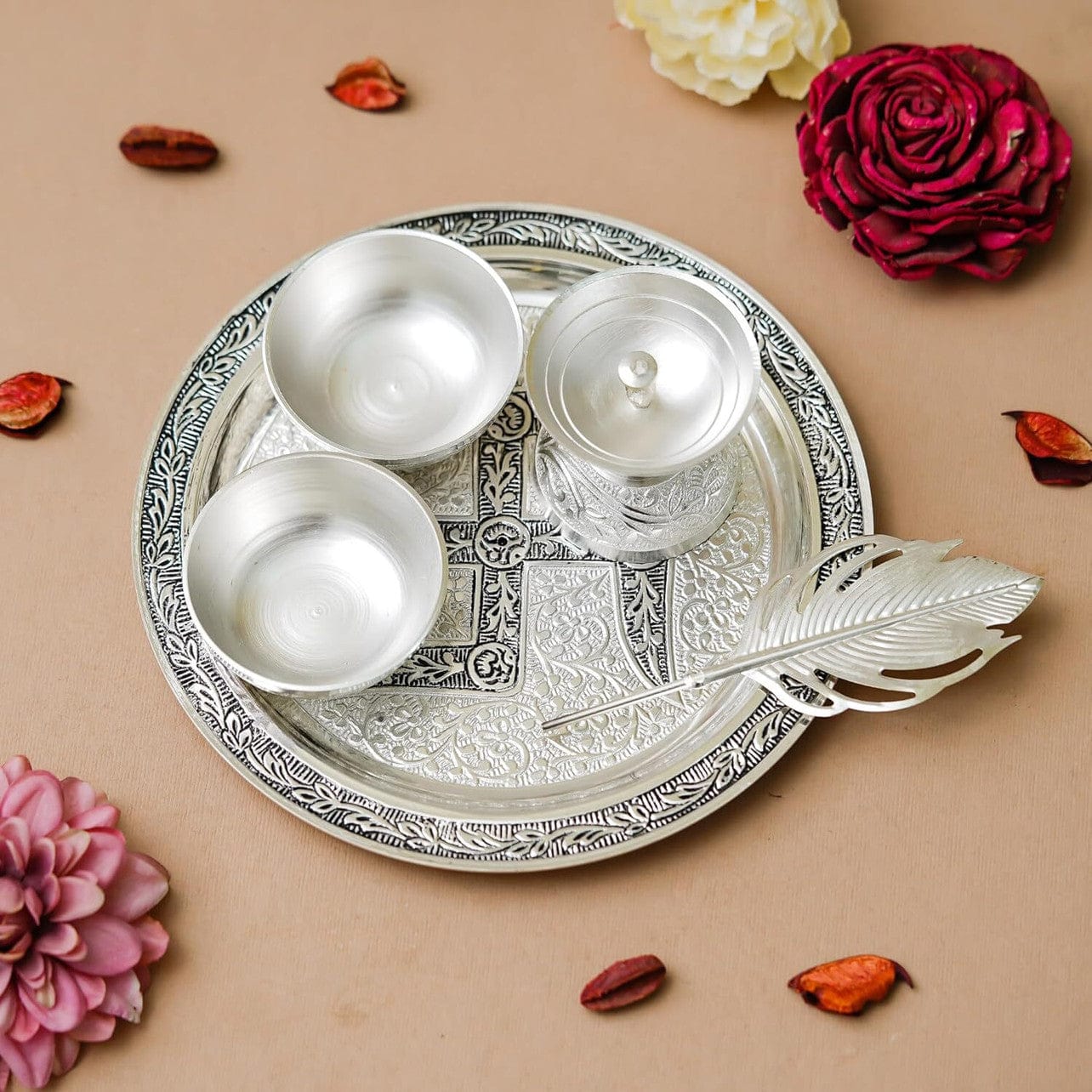650 rs set on buying 5+ sets / WhatsApp at 8619550223 to order 🔥 silver bowl sets 1 Premium German Silver Plated Swastik Pooja Thali Diya set for Wedding return gifts 🎁  / Pooja / Housewarming /Festivals (video attached)