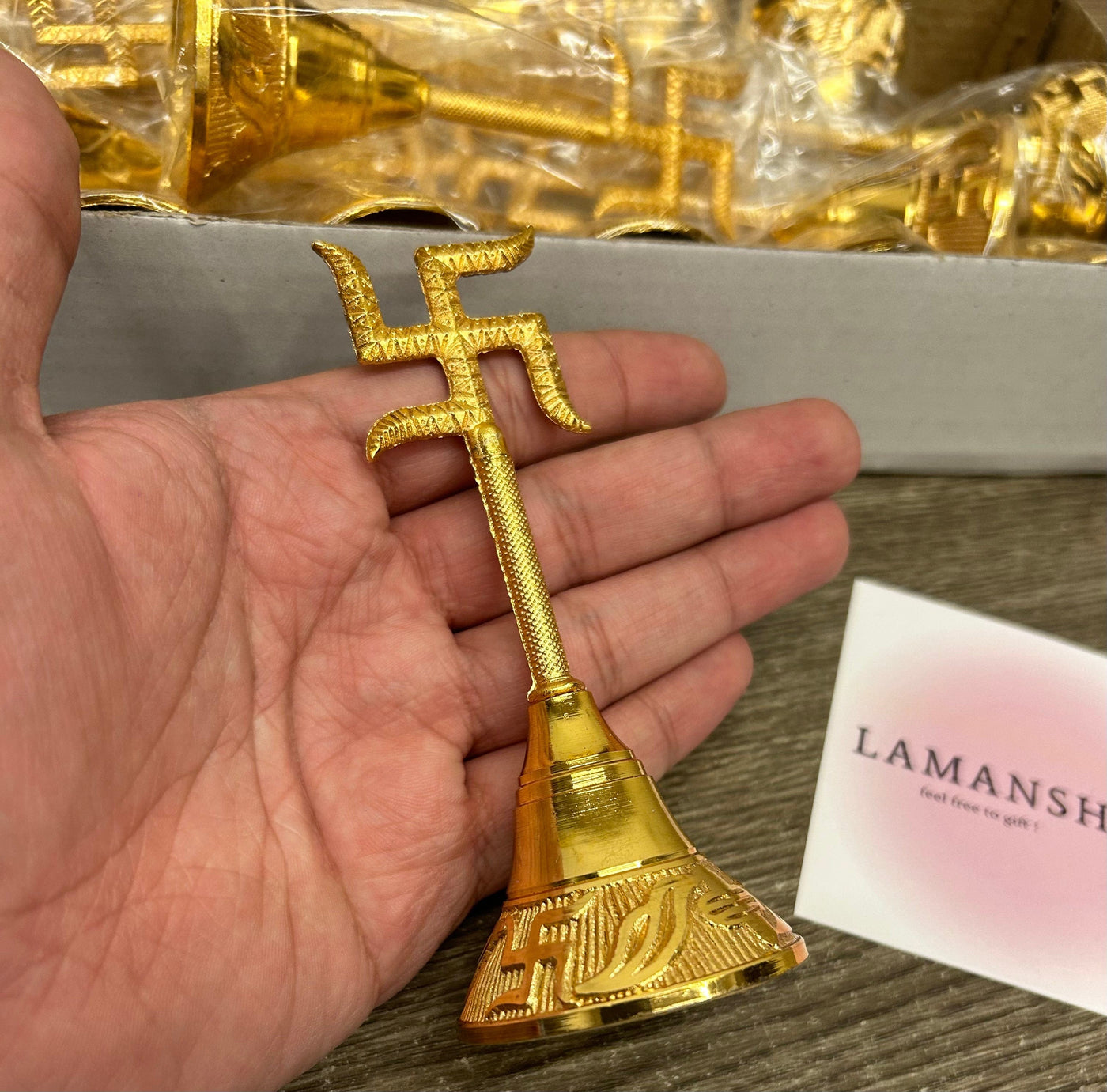 66 Rs each on buying 100+ pcs / WhatsApp at 8619550223 to order 🏷️ bells for couple welcome LAMANSH Golden Swastik Bells 🕉️ Ghanti packed in organza potli bag for Puja Mandir or mangal path ceremony giveaways (video attached)