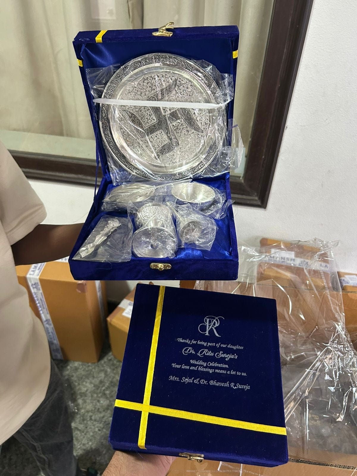 675 rs each on buying 5+ sets / whatsapp at 8619550223 to order silver bowl sets 1 Custom printed German Silver Plated Swastik Pooja Customized Thali Diya bell set for Wedding return gifts 🎁  / Pooja / Housewarming /Festivals