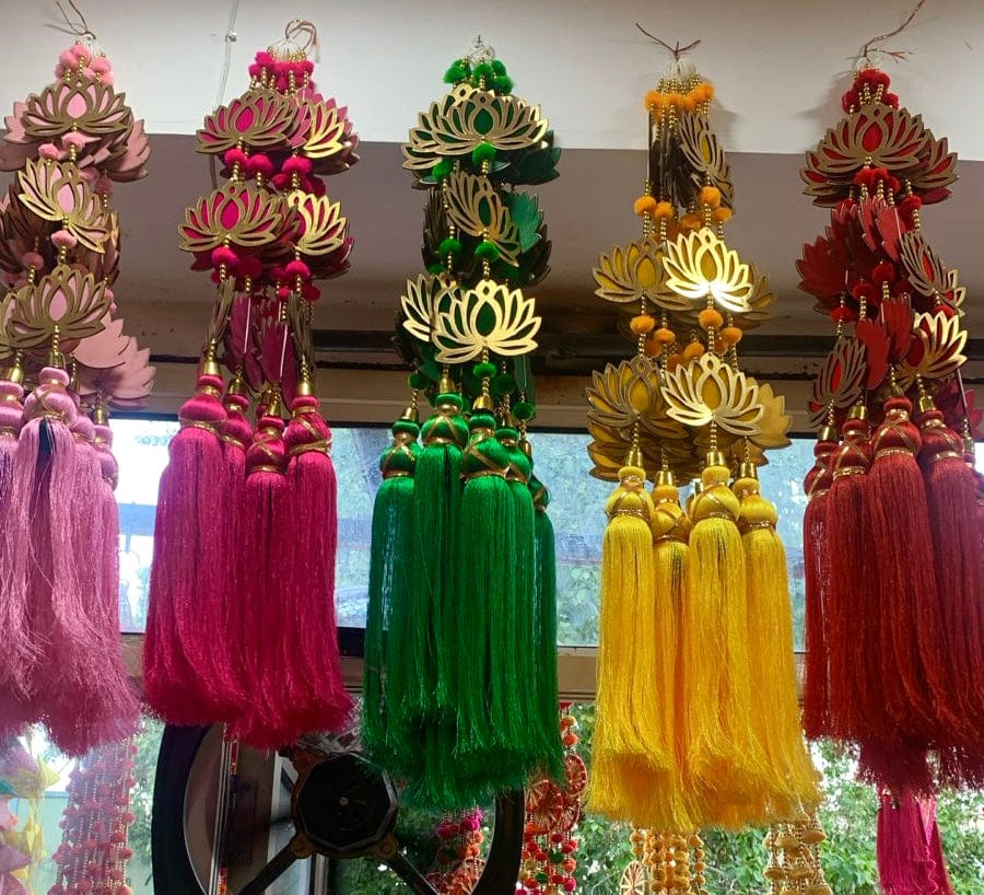 75 rs each hanging on buying 50 pcs / WhatsApp at 8619550223 to order 🔥 event decor Decorative Lotus hangings attached to silk tassels for event decoration / Backdrop hangings for diwali Navratri haldi Mehendi and wedding (Pack of 10 hangings, 2.5 ft size)