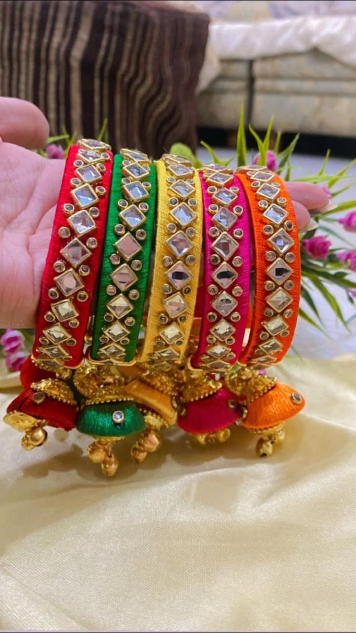 75 rs pair on buying 50 pairs / WhatsApp at 8619550223 to order 🔥 kundan thread bangles LAMANSH Free Size Silk Kundan work Bangles with hanging Jhumki / Bangles chudi for Giveaways & Favors 🎁 / Haldi & Mehendi Bangles for bridesmaids