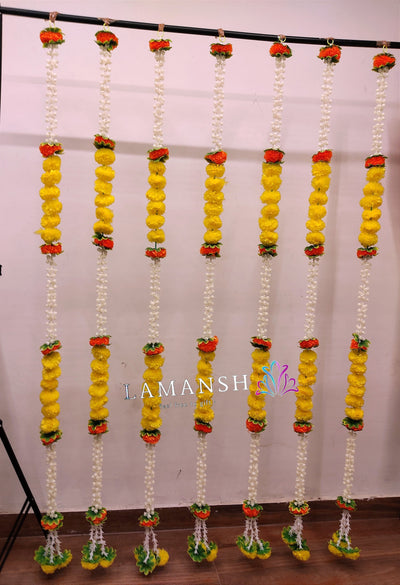 750 Rs (Pack of 10) on buying 10 packets 🏷️ mogra hangings LAMANSH® Decorative Mogra X Marigold leaves hanging toran for Festival decor | Navratri & Diwali decor 💥 items (Set of 10 strings)