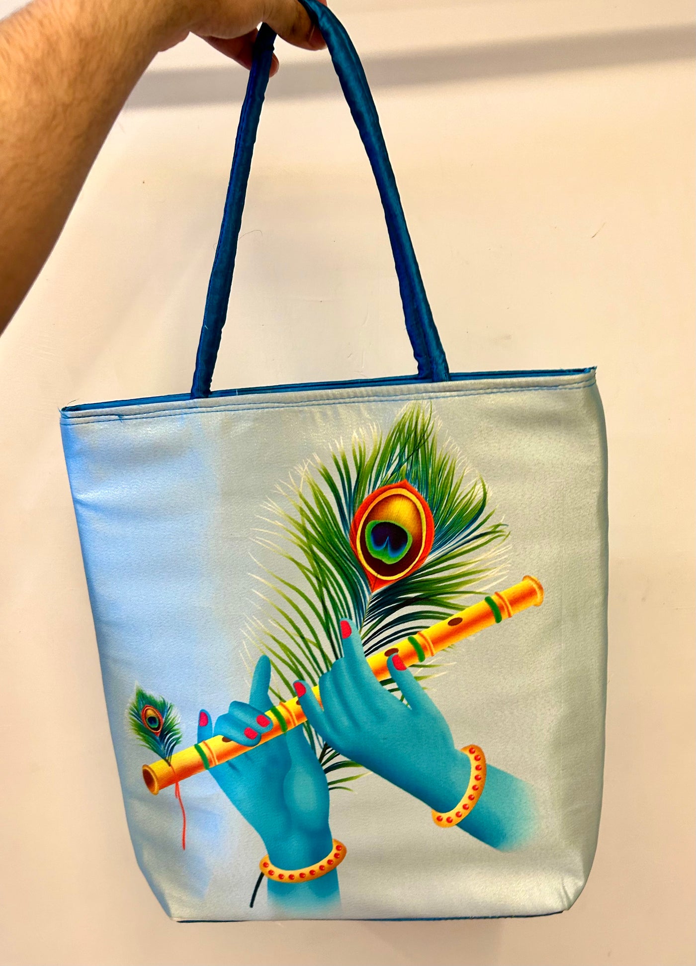 Kanha ji Mor pankh 🙏 printed Hand bags for packing return gifts 🎁 / Gift bags for favours for bridesmaids in pooja haldi Mehendi & festivals (16*16 inch)