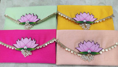 80 Rs each on buying 🏷️ 50+ pcs | Call 📞 at 8619550223 Clutch Lotus Satin clutches for wedding favours 🎁 for bridesmaids in haldi Mehendi ceremony (8*5 inch) / Designer shagun envelopes