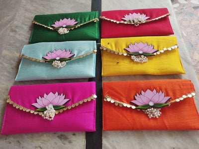 80 Rs each on buying 🏷️ 50+ pcs | Call 📞 at 8619550223 Clutch Lotus Satin clutches for wedding favours 🎁 for bridesmaids in haldi Mehendi ceremony (8*5 inch) / Designer shagun envelopes