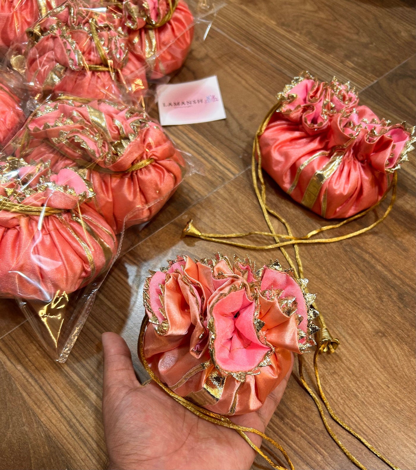 LAMANSH elegant double layer circle shaped potli bags for packing wedding return gifts 🎁 and favors in haldi Mehendi ceremony