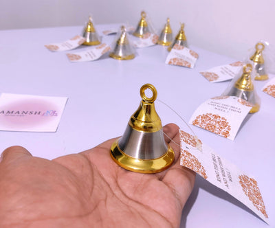 85 Rs each on Purchasing 100+ qty | Contact 8619550223 bells for couple welcome LAMANSH® Silver Golden Bell 🔔 for welcoming couple's in wedding | German silver Gift Bells 🔔 with mini tags for wedding guests