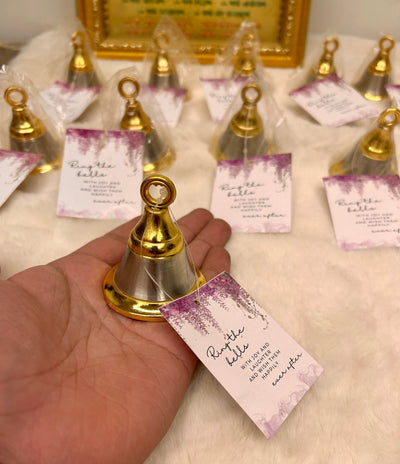 85 Rs each on Purchasing 100+ qty | Contact 8619550223 bells for couple welcome LAMANSH® Silver Golden Plated Bells 🔔 for welcoming couple's in wedding | German silver Gift Bells 🔔 with mini tags for wedding guests