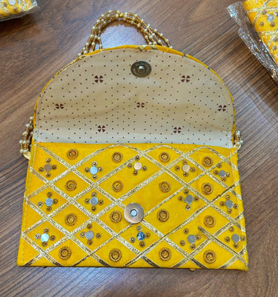 90 Rs each bracelet on buying 50+ pcs / WhatsApp at 8619550223 to order 🏷️ Clutch LAMANSH yellow 💛 color designer mirror work clutches envelopes for bridesmaids and wedding favours