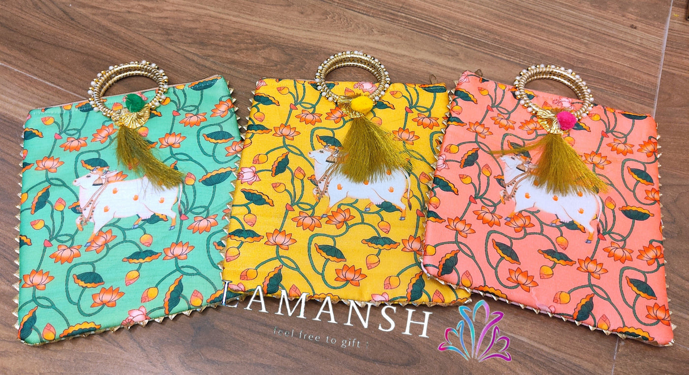 95 Rs each on buying 🏷in bulk 50+ qty gift hand bag LAMANSH® Mix colors Pichwai Return Gifts 🎁 bags with gota chudi handle | Floral Print Hand Bags for Wedding favors & Puja , Festival ceremony 🕉️ guests