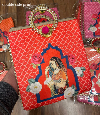 95 Rs each on buying 🏷in bulk 50+ qty gift hand bag LAMANSH® Rani Print Return Gifts 🎁 bags with gota chudi handle | Rajasthani royal Princess Rajpuri Girl Print Hand Bags for Wedding favors & Puja , Festival ceremony 🕉️ guests