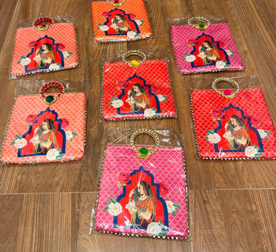 95 Rs each on buying 🏷in bulk 50+ qty gift hand bag LAMANSH® Rani Print Return Gifts 🎁 bags with gota chudi handle | Rajasthani royal Princess Rajpuri Girl Print Hand Bags for Wedding favors & Puja , Festival ceremony 🕉️ guests