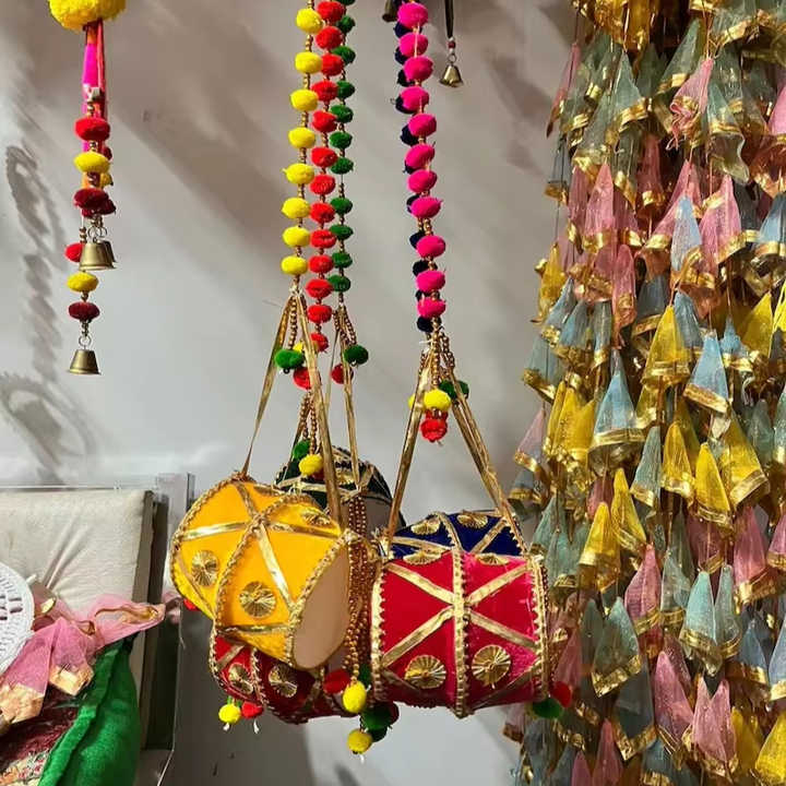 Decorative pom pom hangings with dholak / Indian Wedding Decorative Dholak Decoration Hangings For Diwali navratri festival decor / Ideal for wedding event planners