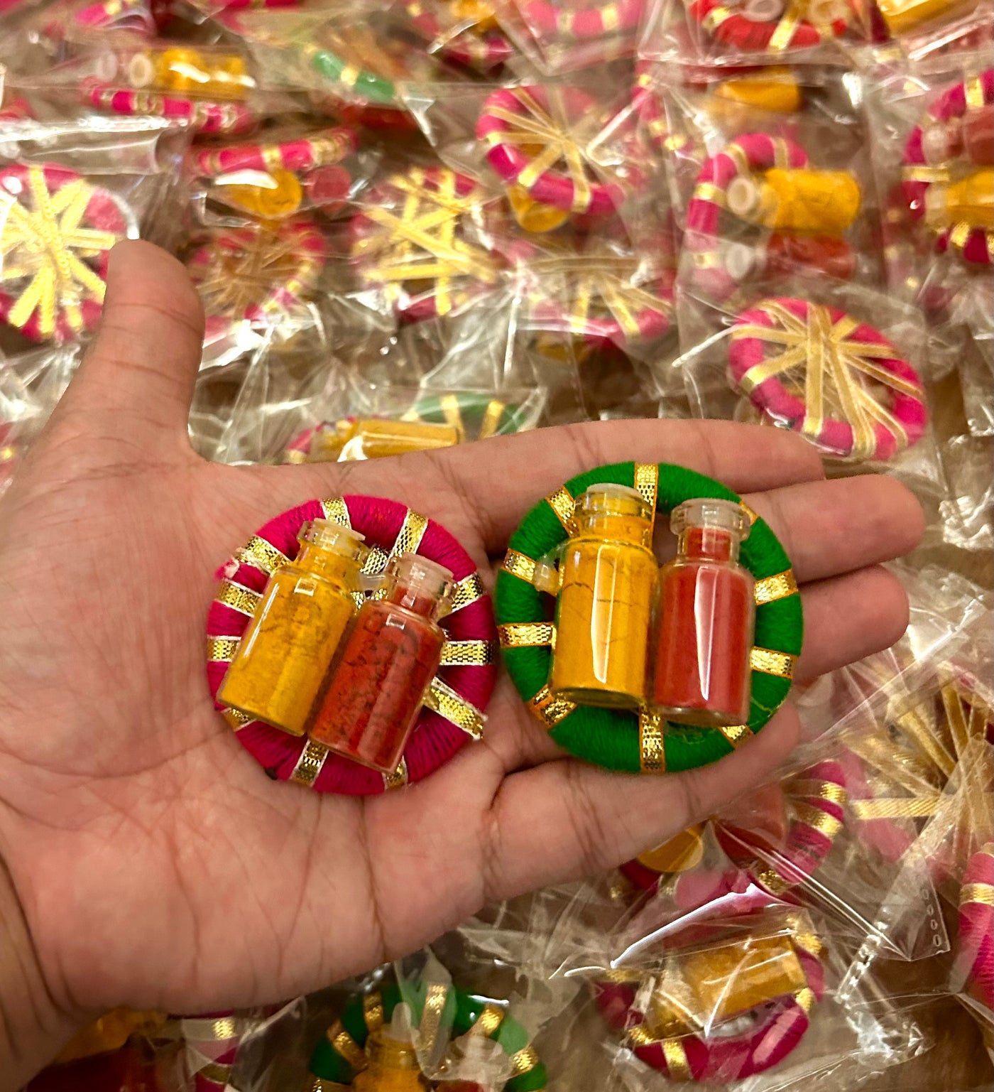 Haldi kumkum in glass bottles / Haldi kumkum platters on gota rings for festival, pooja or wedding favours 🎁