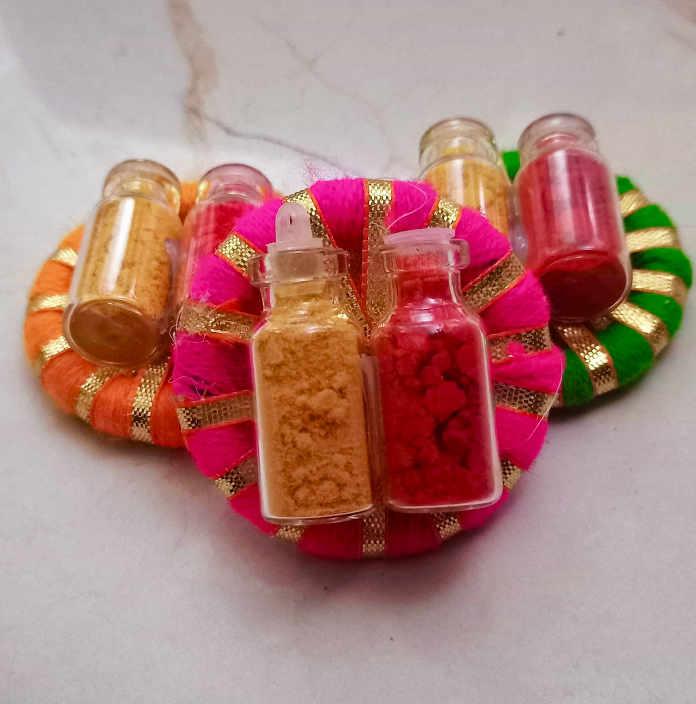Haldi kumkum in glass bottles / Haldi kumkum platters on gota rings for festival, pooja or wedding favours 🎁