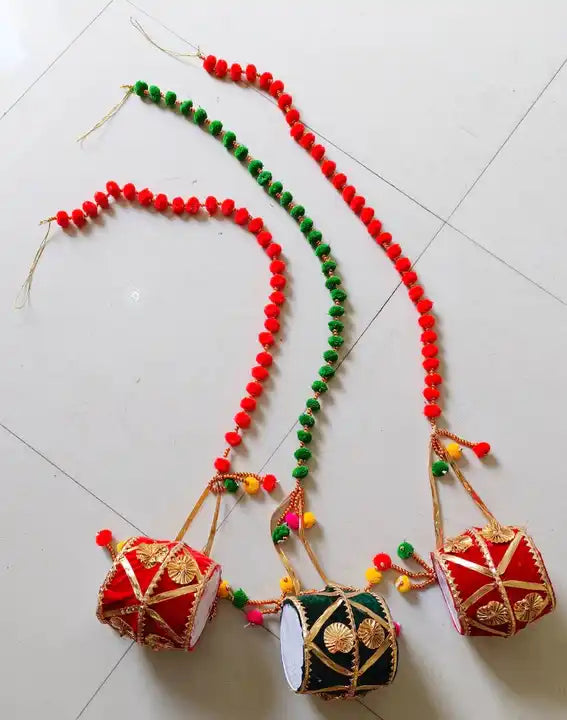 Decorative pom pom hangings with dholak / Indian Wedding Decorative Dholak Decoration Hangings For Diwali navratri festival decor / Ideal for wedding event planners