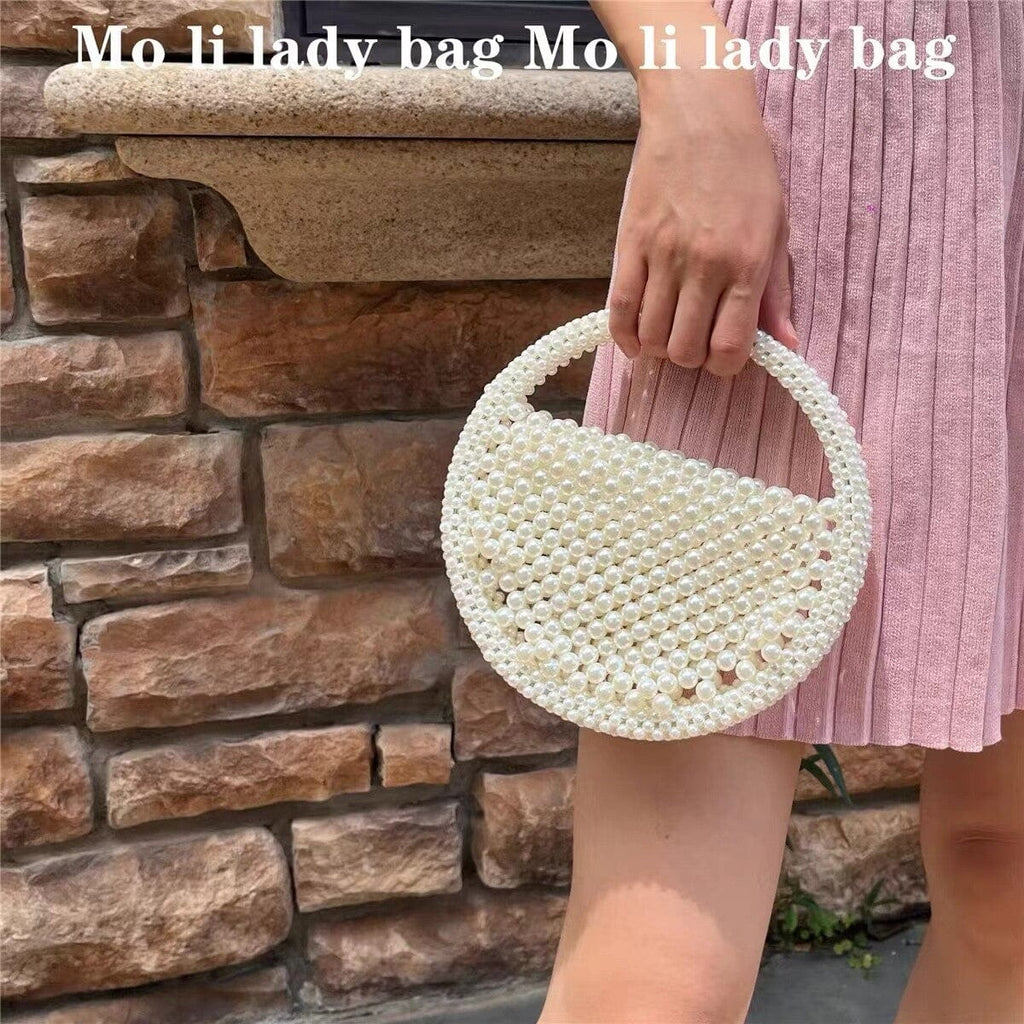 White pearl Beads handmade Beading Woven Circular Bag Hollow Out Women Fashion Hand bag Mobile cover moti hand bags (video attached)
