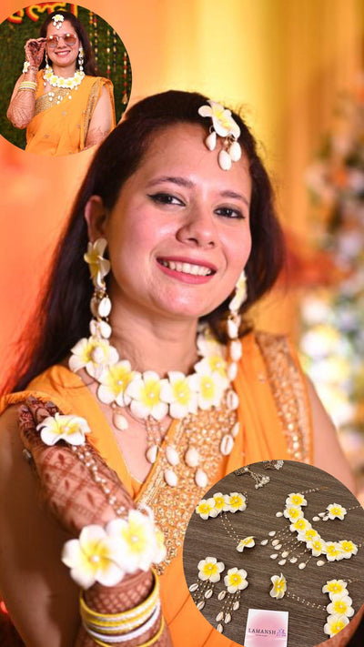 Lamansh 6 April floral set 1 Necklace, 2 Earrings , 2 Hathphools & 1 Maangtika / Yellow White LAMANSH® Elegant Artificial Flowers Shells Jewellery set for Haldi 💛 ceremony