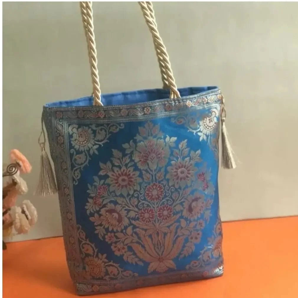 Lamansh Banarasi bags Banarasi silk fabric hand bags for wedding favours 🎁 return gifts for guests in pooja or festivals (Available in 3 sizes)