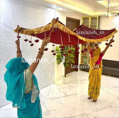 Lamansh Bride entry chadar Phoolon ki Chaddar Traditional Indian/Punjabi/Arabi Wedding Bridal Entry Heavy Velvet cloth with gota and artificial flowers and Sticks / Bride entry Chunari for wedding planners
