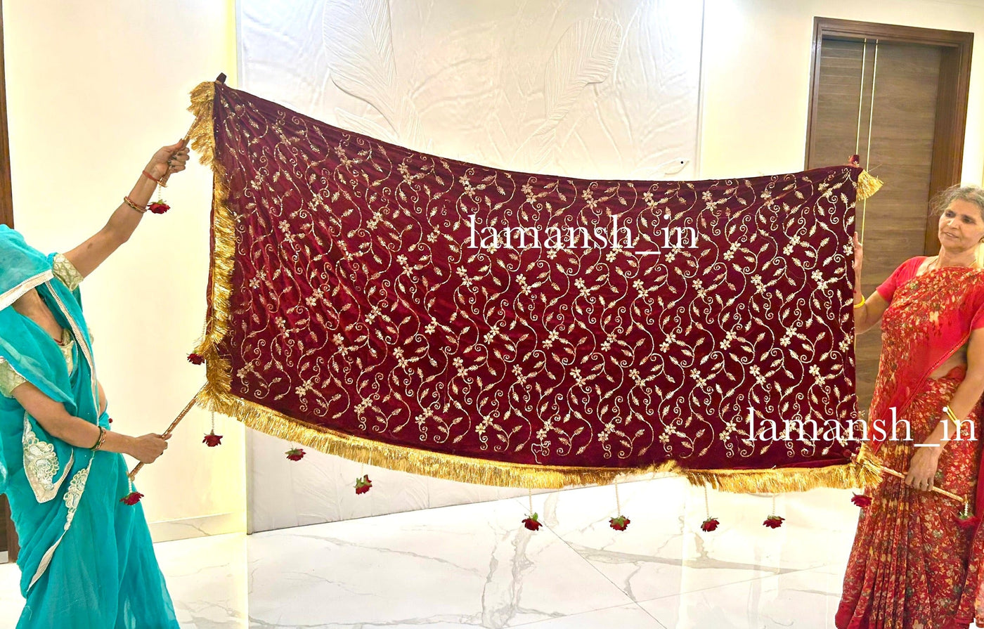 Lamansh Bride entry chadar Phoolon ki Chaddar Traditional Indian/Punjabi/Arabi Wedding Bridal Entry Heavy Velvet cloth with gota and artificial flowers and Sticks / Bride entry Chunari for wedding planners