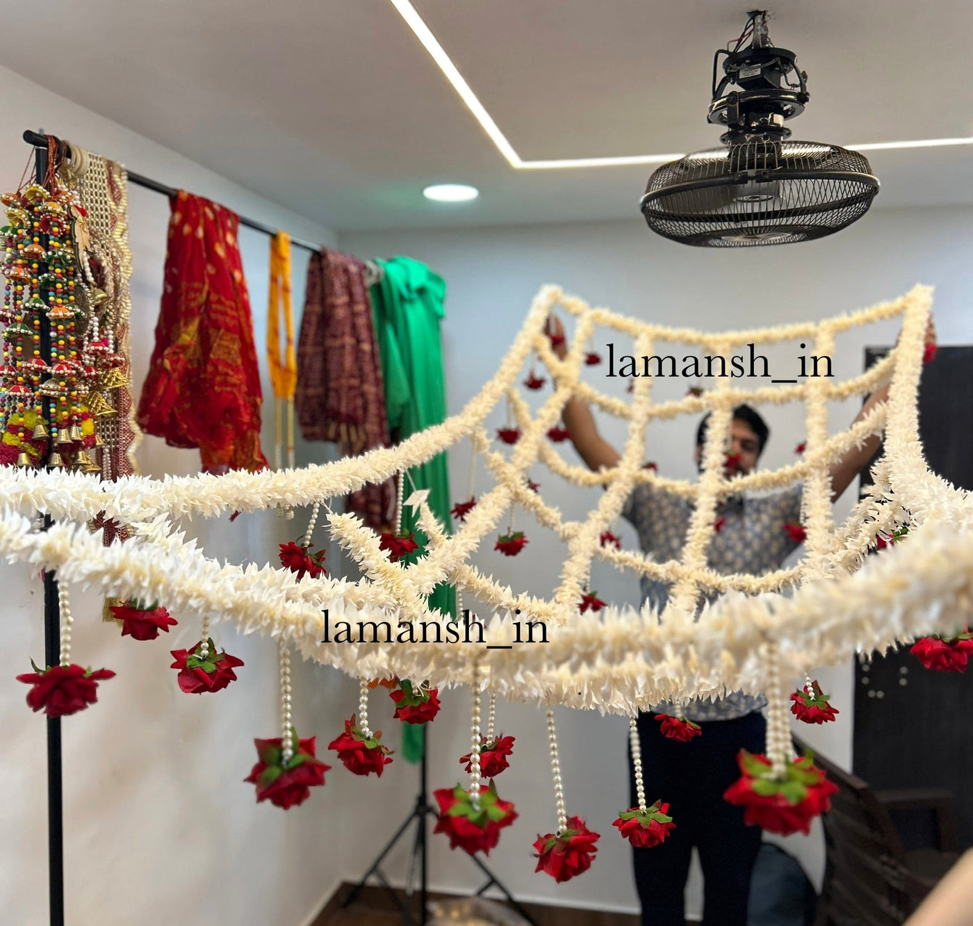 Lamansh Bride entry chadar Phoolon ki Chaddar Traditional Indian/Punjabi/Arabi Wedding Bridal Entry Jasmine Flowers with gota and artificial flowers and Sticks / Bride entry Chunari for wedding planners