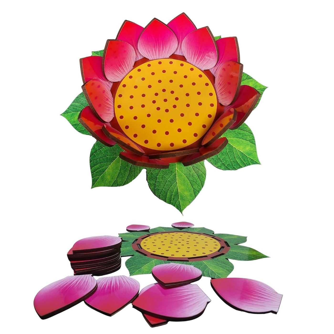 Lamansh candle holder 1 Foldable Mdf Lotus for Decoration | 12 Inch Round Base with Green Leaf Print & Pink Petals | Ganpati, Pooja & Festival Decoration | Laxmi Pujan | DIY 3D Assembly (Video attached)