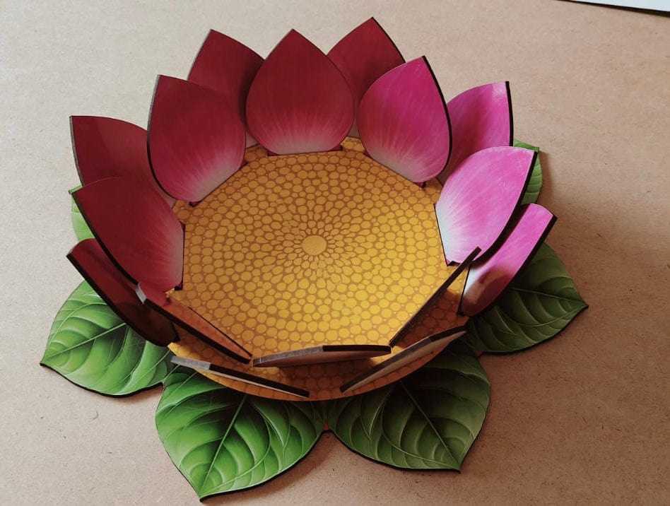 Lamansh candle holder 1 Foldable Mdf Lotus for Decoration | 12 Inch Round Base with Green Leaf Print & Pink Petals | Ganpati, Pooja & Festival Decoration | Laxmi Pujan | DIY 3D Assembly (Video attached)