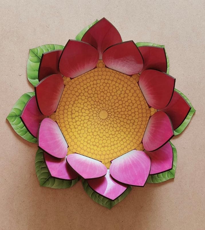 Lamansh candle holder 1 Foldable Mdf Lotus for Decoration | 12 Inch Round Base with Green Leaf Print & Pink Petals | Ganpati, Pooja & Festival Decoration | Laxmi Pujan | DIY 3D Assembly (Video attached)