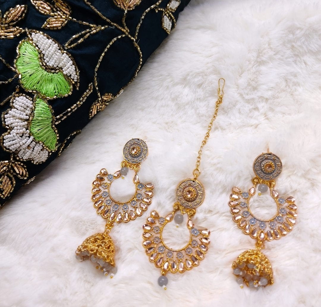 Lamansh chandbali jhumka & earrings Kundan Chandbali ✨ Jhumka & Teeka Set | Grey Pearls Jewelry | Style with bottle green saaree