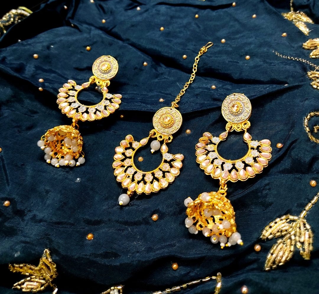 Lamansh chandbali jhumka & earrings Kundan Chandbali ✨ Jhumka & Teeka Set | Grey Pearls Jewelry | Style with bottle green saaree