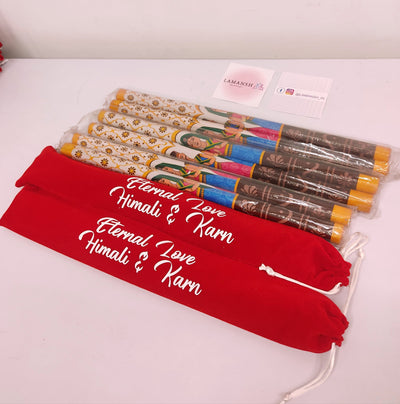 Lamansh dandiya with pouch Wedding Return Gift 🎁 combo of RRR Dandiya sticks 🥢 & Customized Name Pouches | Wedding favors for guests