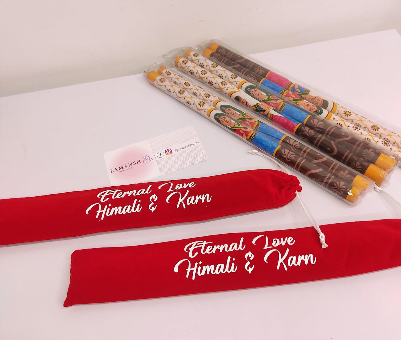 Lamansh dandiya with pouch Wedding Return Gift 🎁 combo of RRR Dandiya sticks 🥢 & Customized Name Pouches | Wedding favors for guests