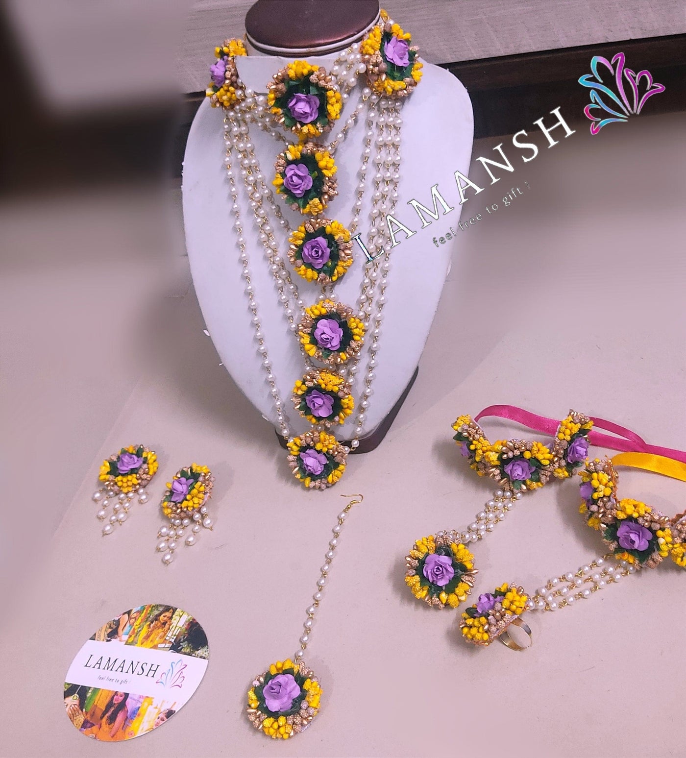 Lamansh floral jewellery LAMANSH® Bridal Layered Flower 🌸 Jewellery Set For Haldi & Mehendi / Artificial Floral Necklace Set