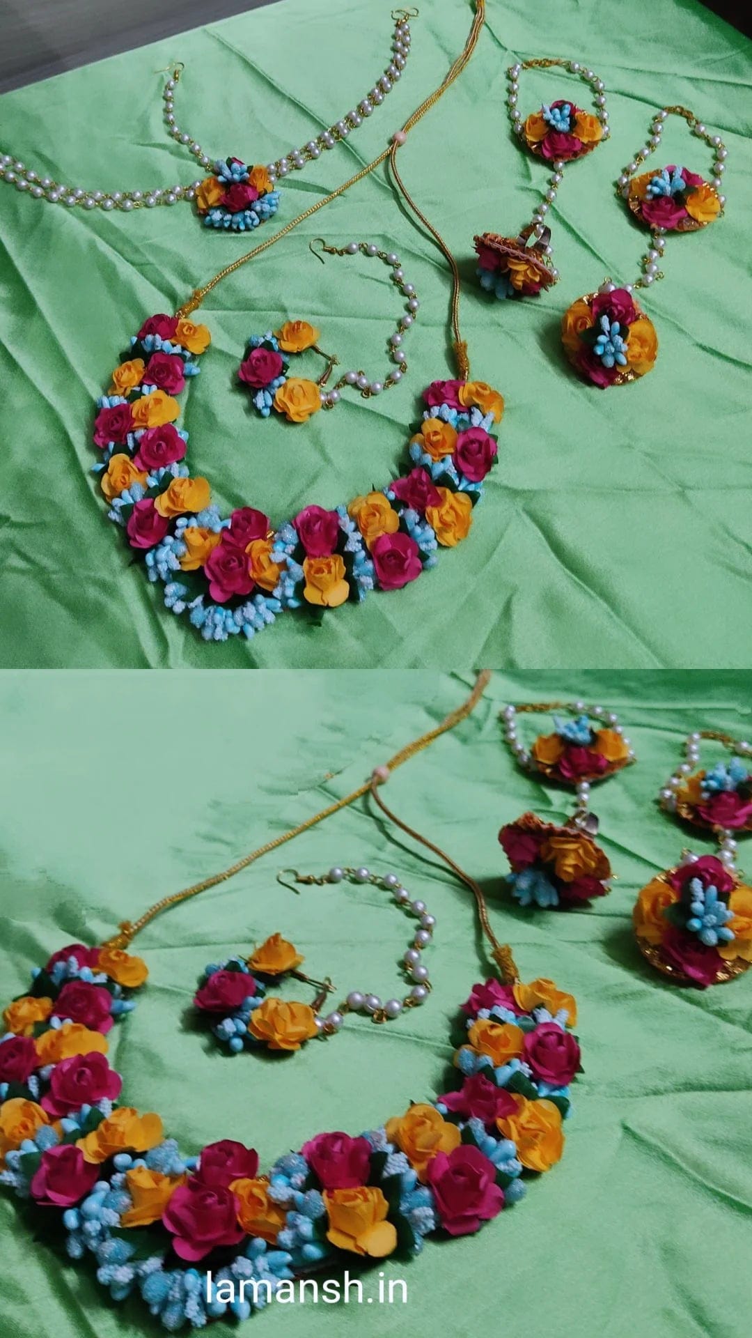 Lamansh Flower 🌺 Jewellery 1 Necklace, , 1 Nath Nosering, 2 Earrings, 1 Maangtika with side chain & 2 Bracelets Attached with ring / Yellow - Blue - Pink LAMANSH® Flower 🌺 Jewellery Set
