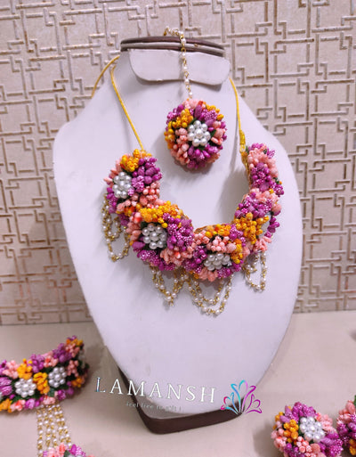 Lamansh Flower 🌺 Jewellery 1 Necklace, 2 Earrings ,1 Maangtika & 2 Bracelets Attached with Ring set / Peach-Pink-Orange LAMANSH® Handmade Flower Jewellery Set with Kamarbandh For Women & Girls / Jewelry Set for Haldi , Mehendi & Baby Shower Event